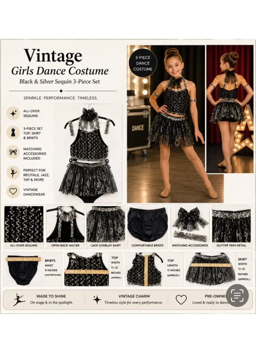 Curtain Call Girls Dance Costume Black Silver Sequin Jazz Tap Recital 3 Pc Small